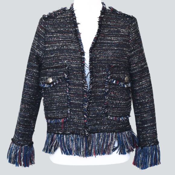 ELLISON Tweed Jacket With Fringe Multi Color Size L - Picture 1 of 8